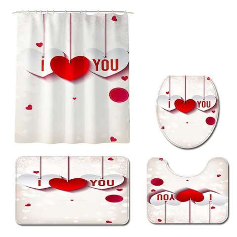 Valentine's day New Shower Curtain Lid Toilet Cover Bath Mat Rug with Hooks Bathroom Accessory Sets